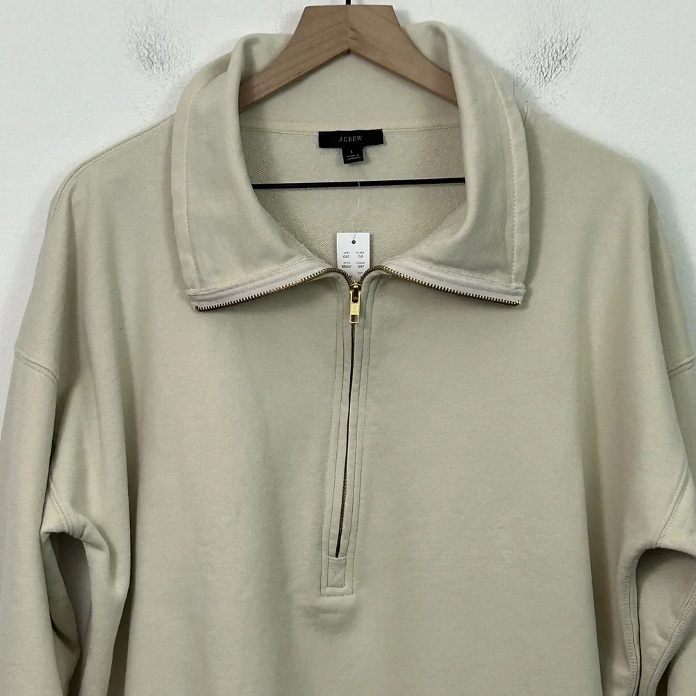 J.Crew Womens University Terry Long Half Zip‎ Tunic Sweatshirt cream Size Large